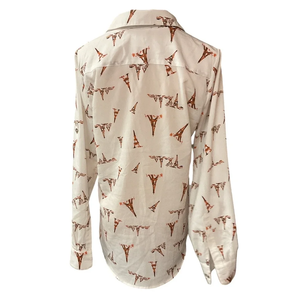 Karl Lagerfeld Women's Eiffel Tower Printed Collared Button Down Blouse Sz Small